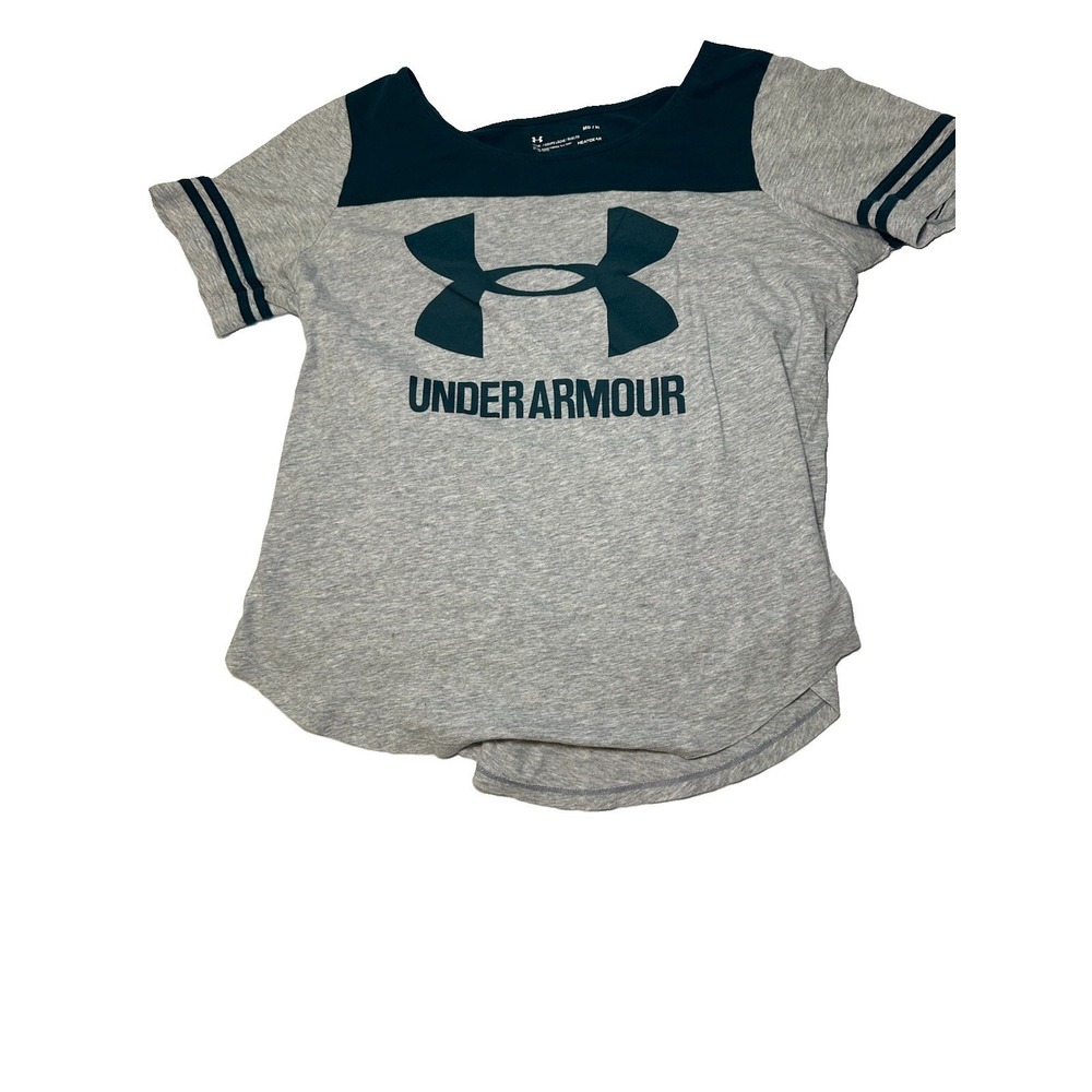 Under Armour Women's Medium Gray Green HeatGear Loose Athletic Logo Tee Shirt M